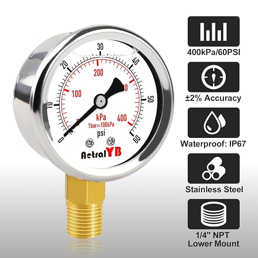 0-60 Psi Glycerin-Filled Pressure Gauge, 2-Inch Gauge, Stainless Steel - Image 2