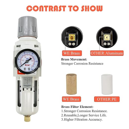 RIH 3/8"NPT Air Filter Pressure Regulator Combo Piggyback, 5 Micron Brass - Image 4