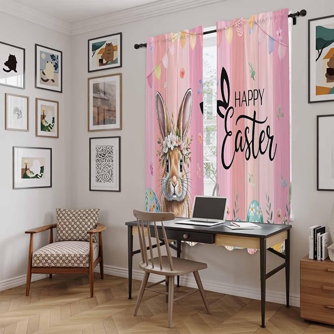 Easter Kitchen Curtains, Spring Rabbit Eggs Flowers Flags Leaves Wood Grain - Image 6