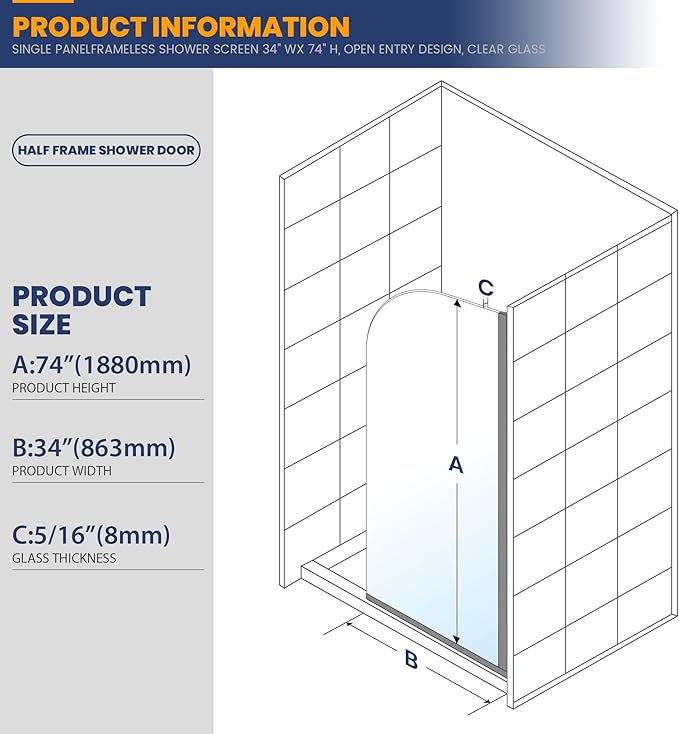 Glass Shower Panel, 34" W x 74" H Semi-Framed Fixed Shower Glass Panel in Matte Black with 5/16"(8mm) Clear Tempered Glass Door, Simple Shower Door Panel for Bathroom