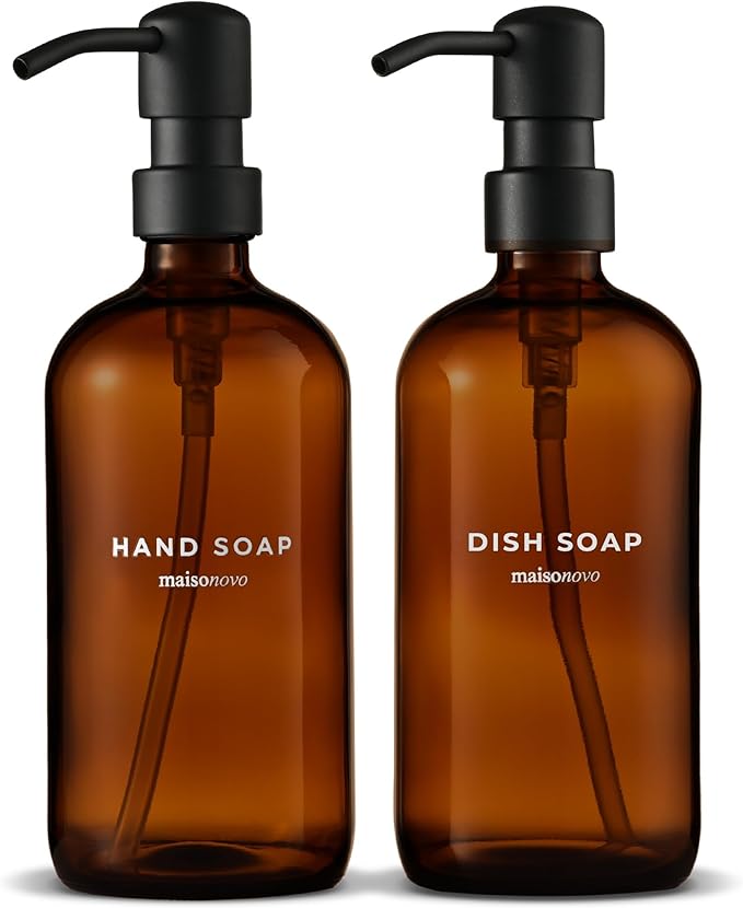 MaisoNovo Soap Dispenser 2-Piece Set | 16.9oz Amber Bottles with Black Stainless Steel Pumps