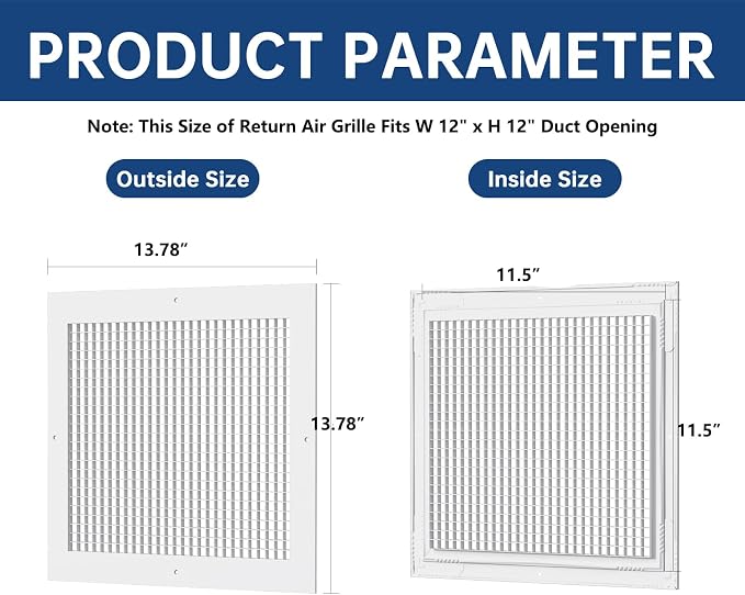 Return Air Grille Fits 12'' x 12'' Duct Opening, Aluminum Eggcrate Return - Image 2