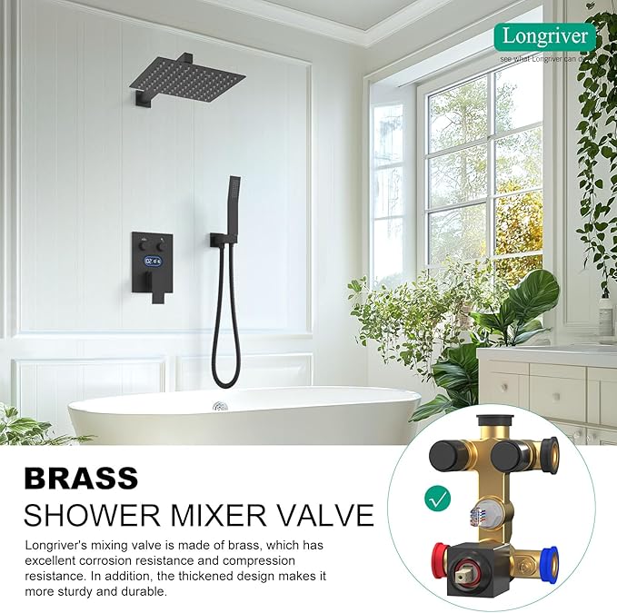 Push Button Diverter Shower Faucet Set, Hydro Power Temperature Display, Shower System 12 Inch Shower Head with Handheld Spray, Wall Mounted Shower Fixtures with Shower Valve and Trim Kit, Matte Black