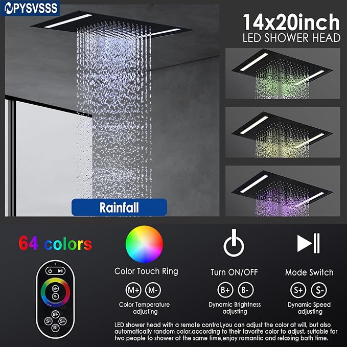 Rain Shower Head System with 14x20 Inch Ceiling Mount LED Head & 6 Inch Wall Head and Handheld Shower 3 Way Pressure Balance Valve Kit, Matte Black
