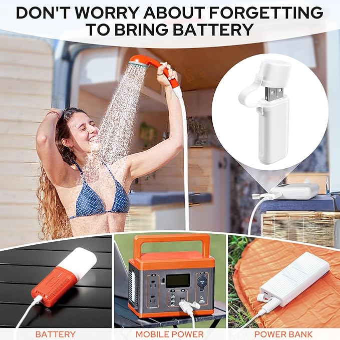 Portable Shower for Camping, 4400mAh Electric Portable Camping Shower with USB C Adapter, Outdoor Camp Pump with LED Camping Light, Multiple Power Supply Methods, for Hiking, Travel, Car