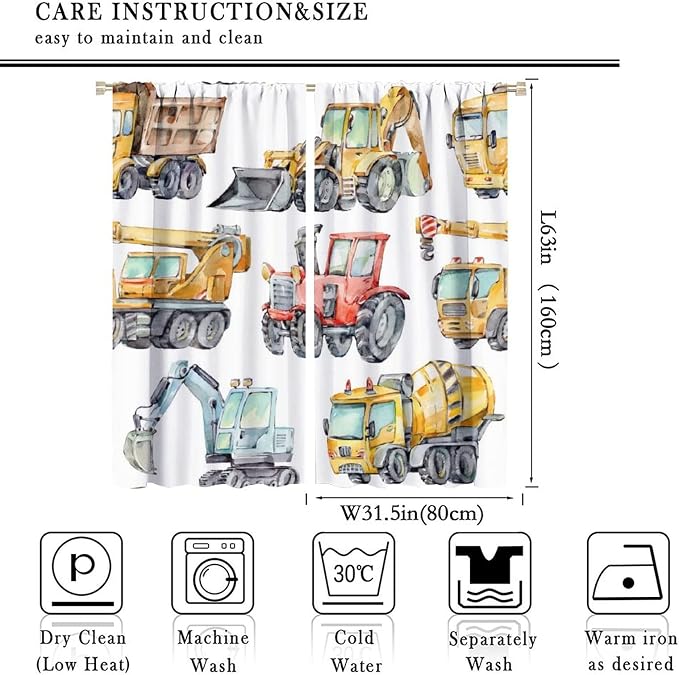 Kids Excavator Curtains, Retro Truck Tractor Machinery Construction Vehicle - Image 4