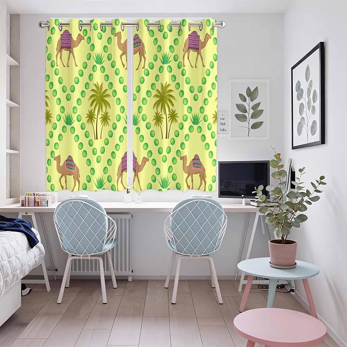 2 Panel Kitchen Cafe Curtains, Desert Sand Camels Sunlight Filtering Nature Air - Image 5