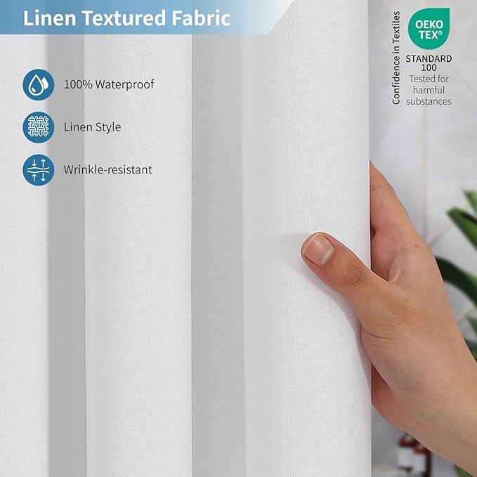 2-in-1 Waterproof Fabric Shower Curtain or Liner,Linen Textured,Breathable TPU & Washable Bathroom Shower Curtain Set with 12 Plastic Hooks,72"x72",White