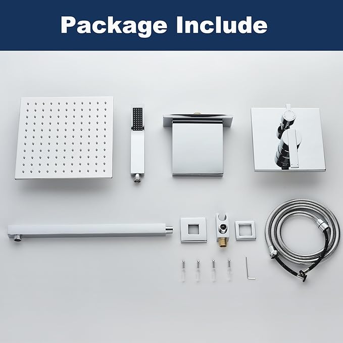 Shower System with Tub Spout, All Metal Bathtub Shower Faucet Set with High Pressure 10 Inch Rain Shower Head and Handheld Shower Head Set, Chrome (Valve Include)