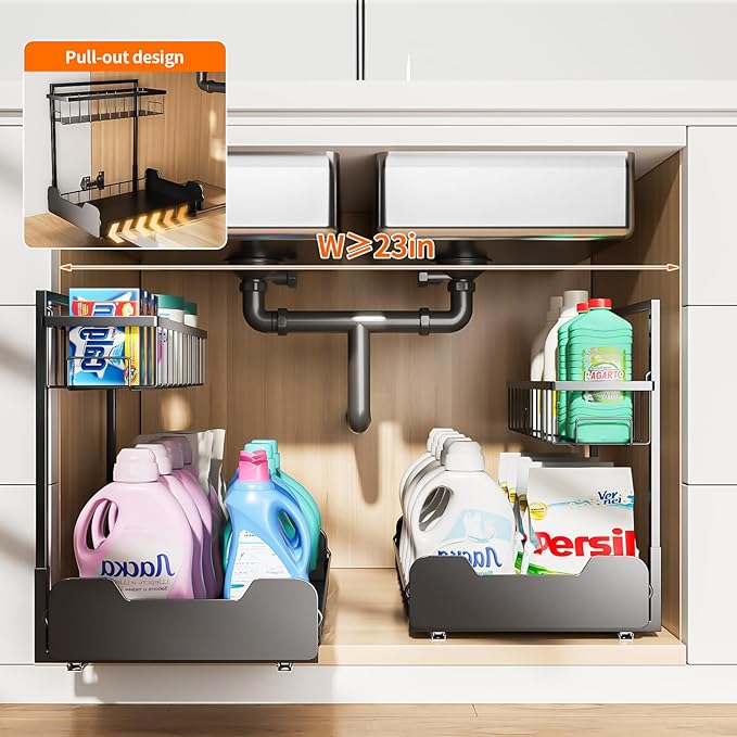 Under Sink Organizer, 2-Tier L-Shaped Pull Out Cabinet Shelf with 2 Installation Methods, Adjustable Sliding Storage Drawer for Kitchen, Bathroom, Laundry, Metal, Black