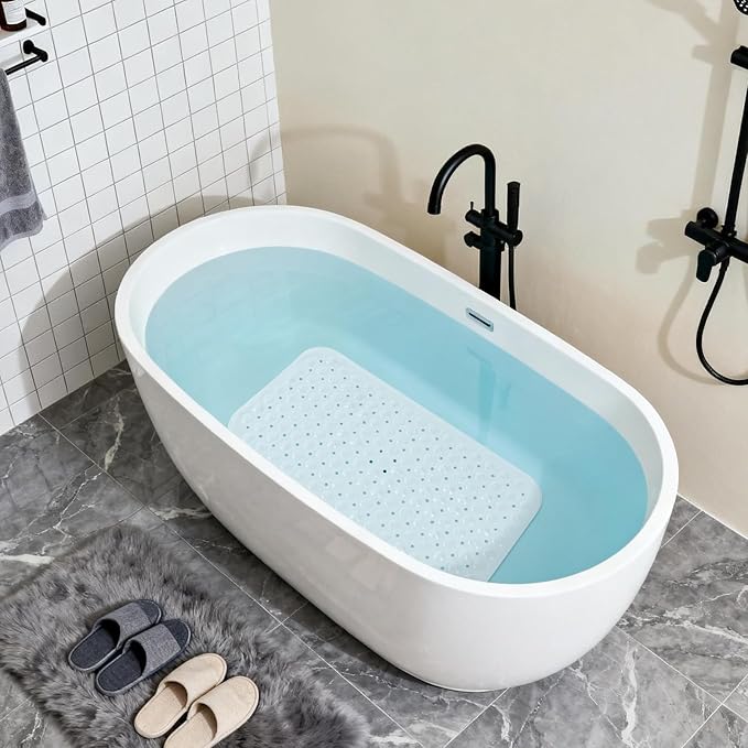 Anti-Slip Bathtub Shower mat, 27.5×14.5（Approximately 70×37cm） inch Soft Oversized Machine Washable Non-Slip Bathtub mat with Drainage Holes, Bathroom Floor Suction Cup.（1-Clear White）