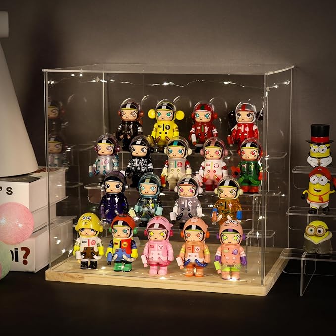 Choowin 4 Tier Clear Acrylic Display Case for Collectibles, Mini Figures, Pop Mart, Labubu, Sonny Angel, Smiski - Assemble Dustproof Acrylic Display Box with Door, Stand (Wood Base, Clear Step)