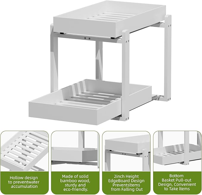 2 Pack Under Sink Organizer, Bamboo Wooden 2-Tier Pull-Out Storage with Sliding Drawers for Kitchen and Bathroom Cabinets, Easy Installation (White, 1 pack)