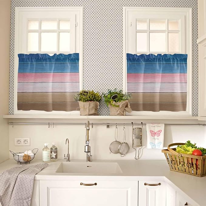 Blue Pink Brown Gradient Wood Grain Window Valance Curtains, Vintage Wood Board - Image 7
