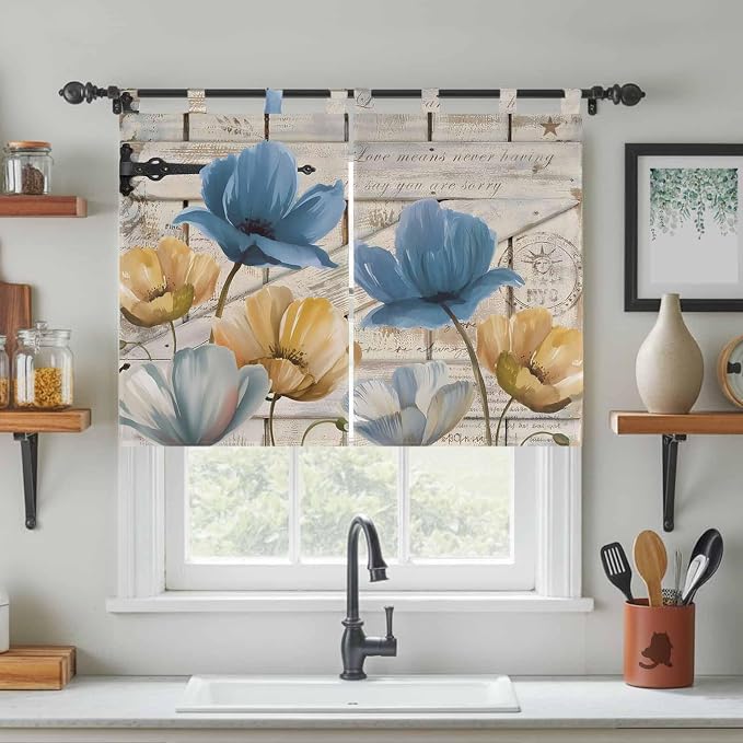 Blue Yellow Tulips Kitchen Curtains 45 Inch Length, Short Cafe Window Curtains - Image 3