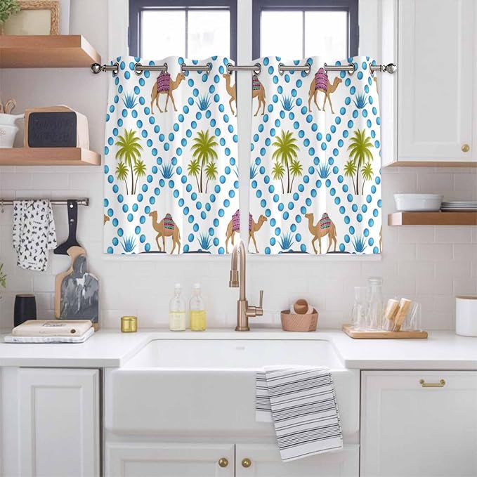 2 Panel Kitchen Cafe Curtains, Camels Palm Trees Sunlight Filtering Nature Air - Image 2