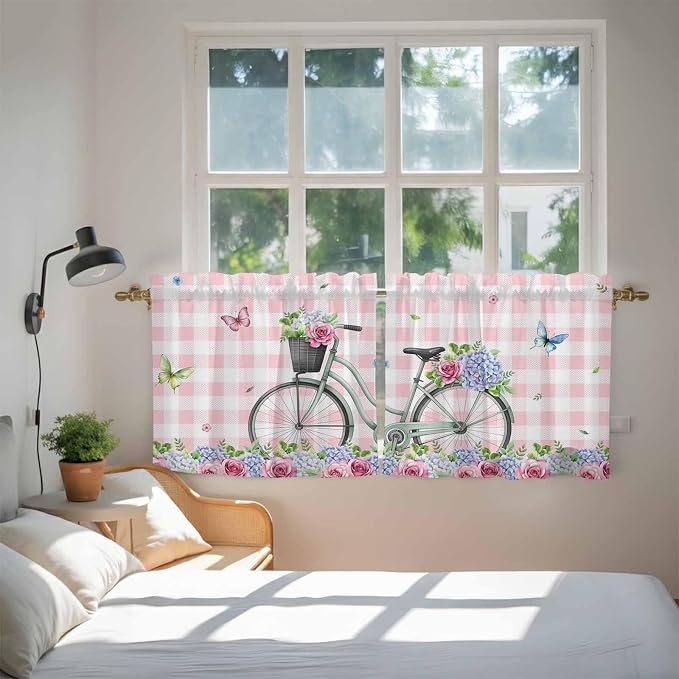 Spring Tier Curtains, Bicycles Leaves Butterfly Flowers Pink Buffalo Plaid - Image 4
