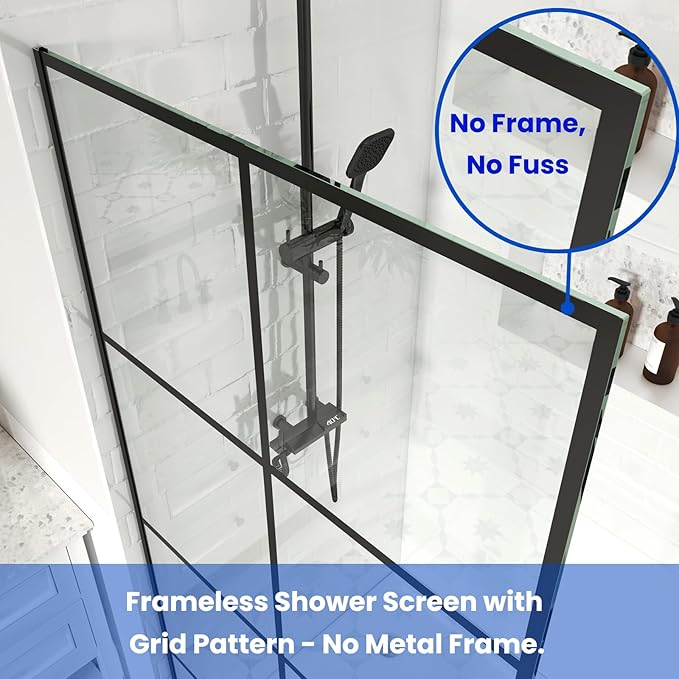 30" W x 76" H Frameless Shower Screen, Fixed Glass Panel for Walk-In Shower, 3/8" Tempered Glass, Grid Pattern Design