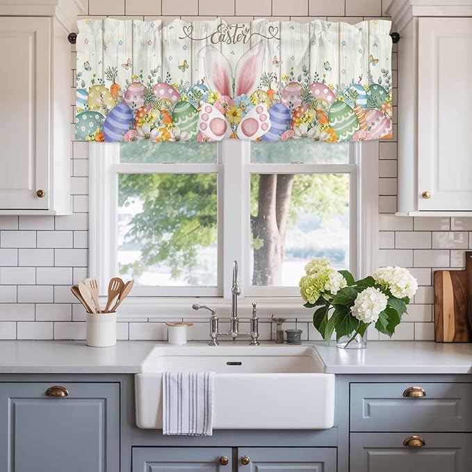 Happy Easter Curtain Valances for Windows, Kitchen Valance Window Treatment - Image 2