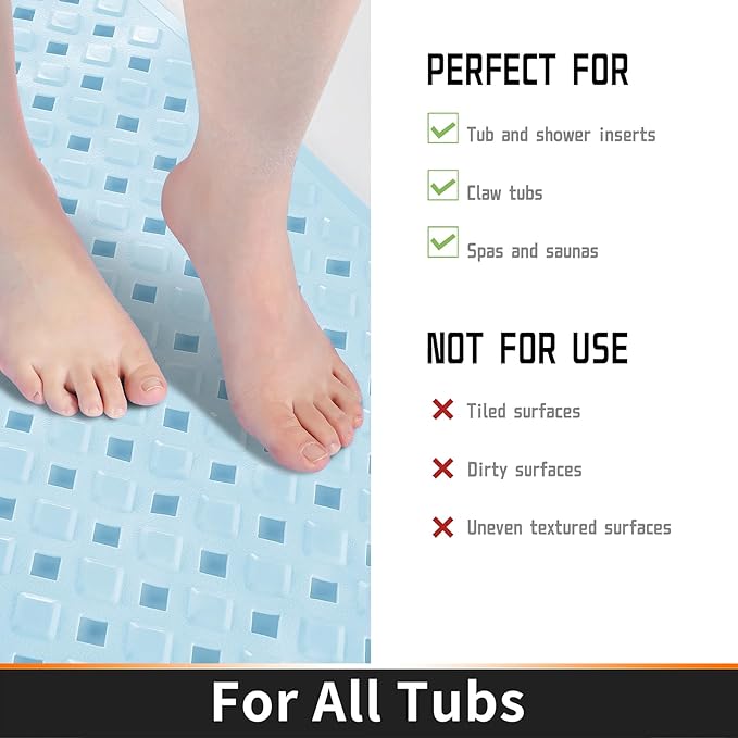 Yimobra Bathtub Mat Non Slip, Super Strong Suction Cups, 27.5"x15.5" Long Shower Mat with Drain Holes, Machine Washable Fast Draining Bath Mats, Bathroom Essentials,Light Blue