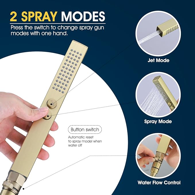 All-Metal High Pressure Square Handheld Shower Head with Jet Spray and Rainfall Modes, Volume Control Regulator, ON/OFF Switch, Hose and Wall Mounted Adjustable Bracket, Brushed Gold Color