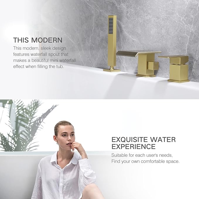 TapLong Roman Tub Faucet Waterfall Tub Filler Waterfall Deck Mount Bathtub Filler Faucet with Sprayer 3 Hole Widespread Tub Filler Deck Mount Solid Brass Brushed Gold, 02763BG
