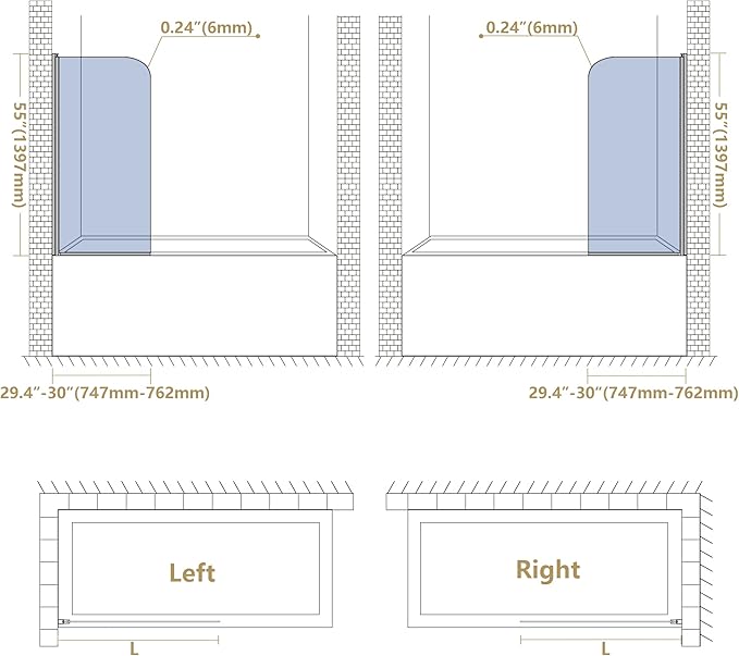 Shower Frameless Glass Door for Bathtub, 30”×55” Hinged Tub Shower Screen, Tempered Glass Tub Door, Chrome Pivot Bathroom Shower Door Panel