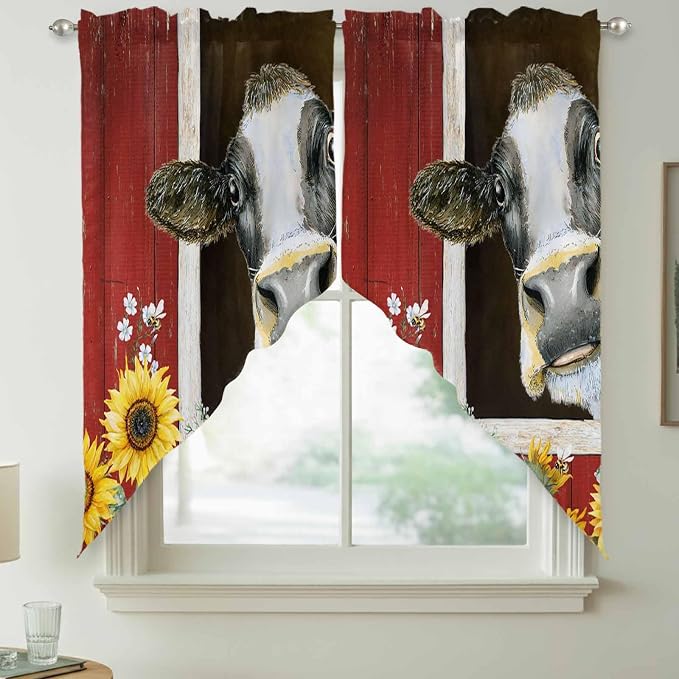 Cows Sunflowers Swag Valances for Windows, Rustic Farms Barns Flowers Bees - Image 7