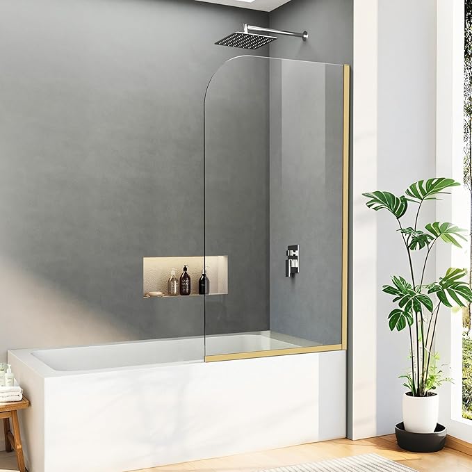 Bathtub Shower Glass Panel, 34" W X 58" H Tub Shower Door Fixed Glass Doors in Brushed Gold with 1/4"(6mm) Clear Tempered Door, Simple Shower Door Panel Easy to Install for Bathroom