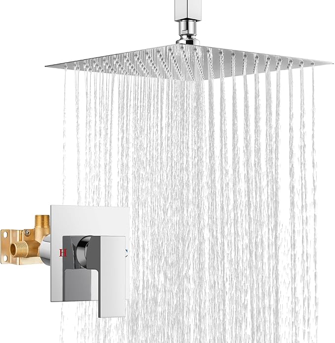 Airuida Shower Faucet Set and Handle Set Single Function Shower Trim Kit Ceiling Mount Rainfall Shower System with Male Threads and Rough-in Valve 10 Inch Square Shower Head Chrome Polish