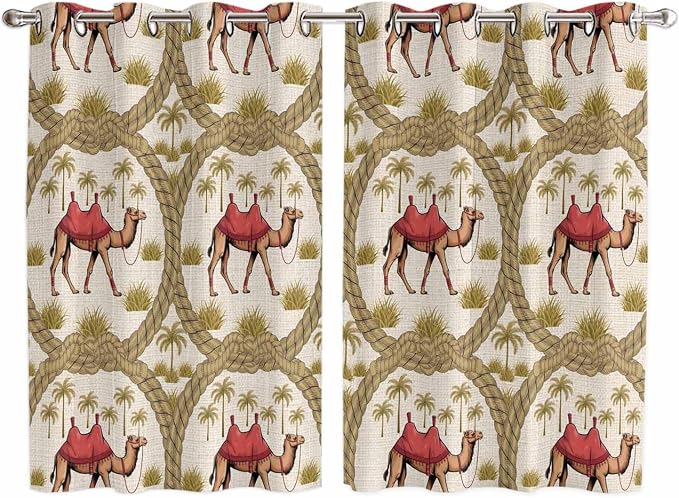 2 Panel Kitchen Cafe Curtains, Camels Palm Trees Sunlight Filtering Nature Air by Hokiten