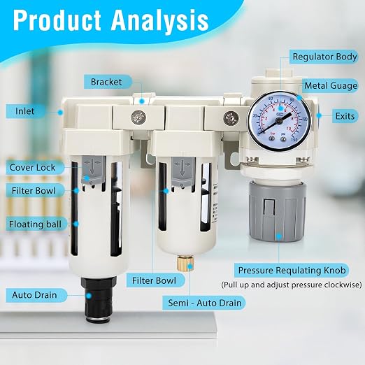 Air Pressure Regulator 3/8 NPT Auto Drain and Semi-Auto Drain Double Air Filters - Image 4