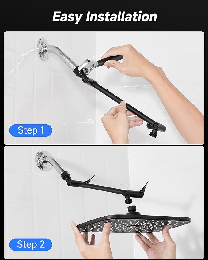 Veken 11.8" Black Rain Shower Head, Rectangular Rainfall Showerheads with 11" Stainless Steel Exension Arm, Height & Angle Decor Adjustable, High Pressure Shower Heads, Bathroom Accessories