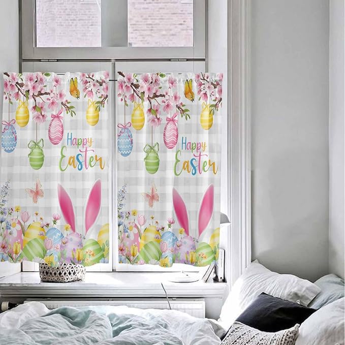 Happy Easter Tier Curtains 45 Inches Long, Spring Watercolor Bunny Eggs Flower - Image 5