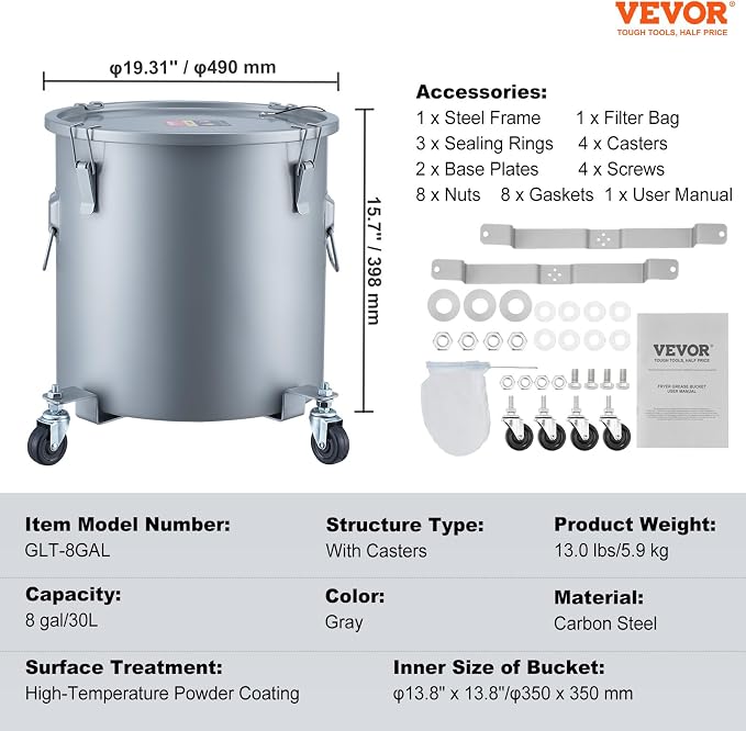 VEVOR Fryer Grease Bucket, 8 Gal Oil Disposal Caddy - Image 7