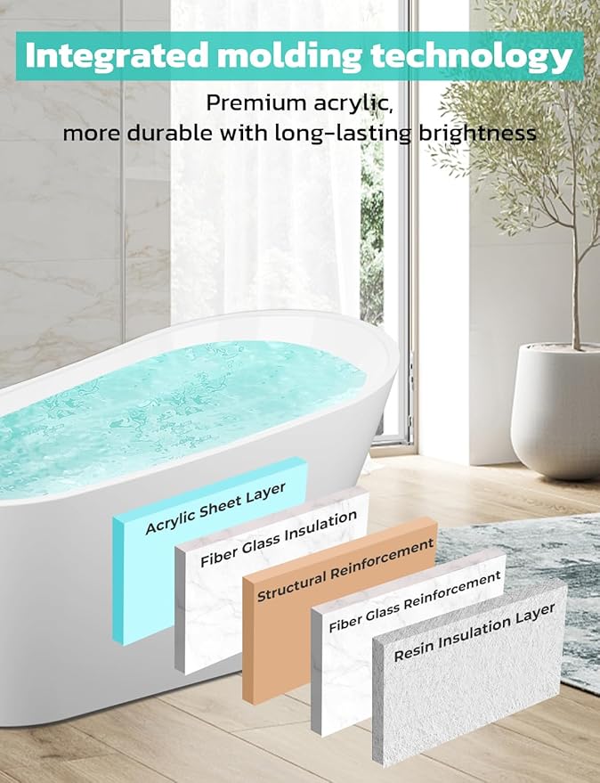 55 Inch Acrylic Freestanding Bathtub, Glossy White Contemporary Soaking Tub with Silver Toe-Tap Pop-Up Chrome Drain, Integrated Slotted Brushed Nickel Overflow, 55 Gal cUPC Certified Tub