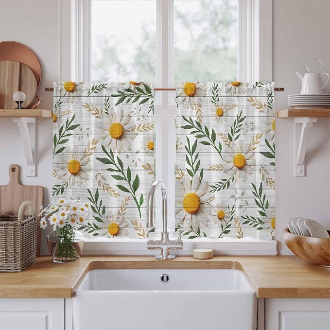 Spring Daisy Kitchen Curtains, Farmhouse Country Flower Leaf Plant Wood Grain - Image 2