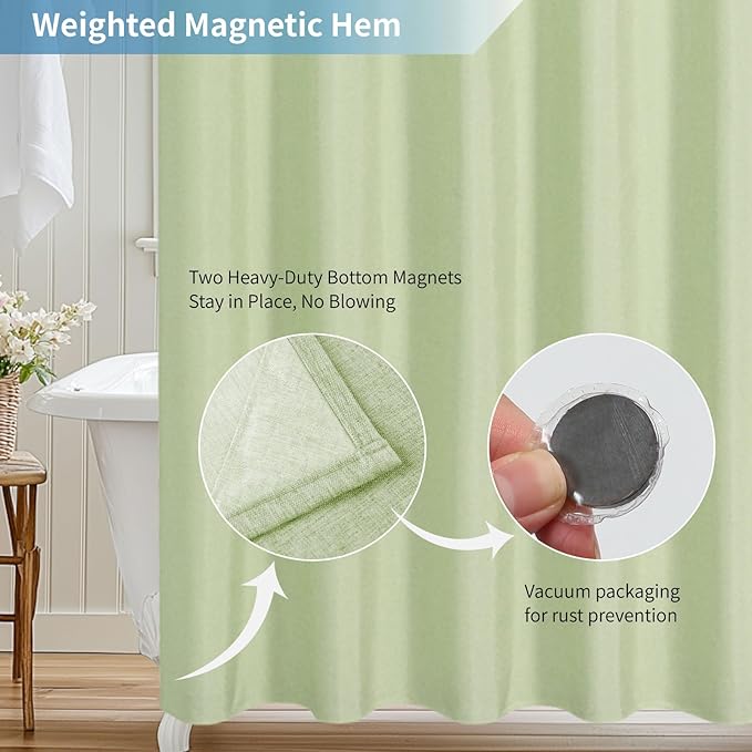 2-in-1 Waterproof Long Fabric Shower Curtain or Liner,Linen Textured,78 Inch Breathable TPU & Washable Bathroom Shower Curtain Set with 12 Plastic Hooks,Modern,72"x78",Green