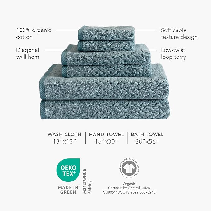 Texere 100% Organic Cotton Jacquard 650 GSM Premium Bath Towel Sets - Extra Absorbent Quick Dry and Plush (Cable, Estate Blue, 2 Bath Towels)