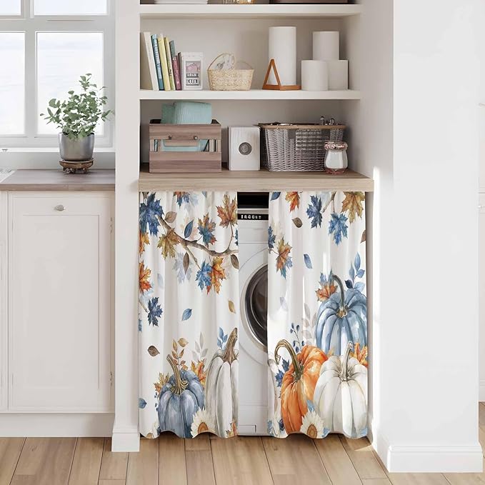 Navy Blue Pumpkin Fall Kitchen Curtains 45 Inch Long 2 Panel Set, Rod Pocket - Image 7