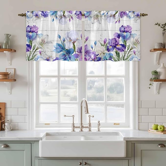 Spring Flowers Tier Curtains, Watercolor Garden Florals Wooden Grain Light - Image 2