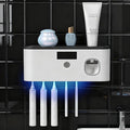Toothbrush Holders for Bathrooms, Toothbrush Holder Wall Mounted with Toothpaste Dispenser Bathroom Solar Charging and No Drilling Required Tooth Brush Holder with 5 Brush Slots（Black）