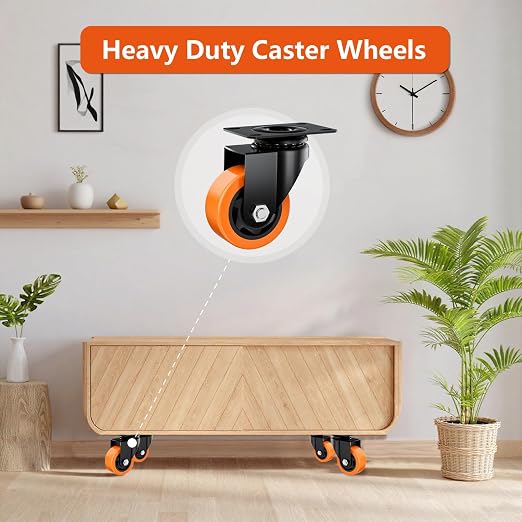 3" Swivel Plate Casters Set of 4 Heavy Duty 1000 lbs | Orange PU, Non-Marking - Image 6