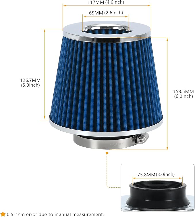 PTNHZ Universal Blue 3" 76mm High Flow Cold Air Intake Cone Air Filter Power - Image 5