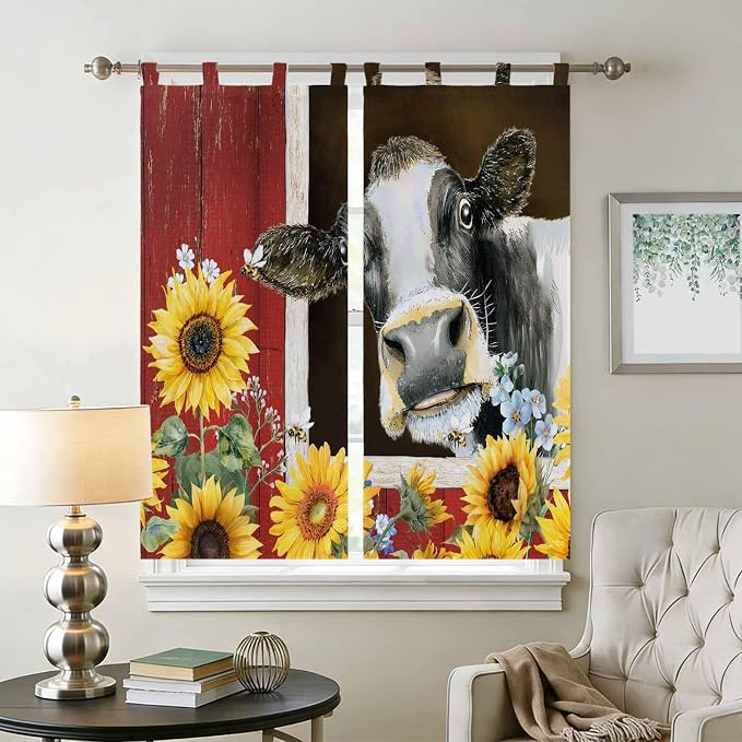 Cows Sunflowers Bedroom Curtains 72 Inch Length, Window Curtains Tab Top - Image 2