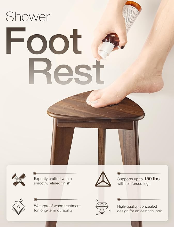 HOLANA 18" Corner Shower Foot Rest - Wooden Showers Stool Seat for Shaving Legs - Small Corner Shower Benches for Inside Shower - Waterproof Bath Step Stools Bench for Bathroom (Height - 18in, Walnut)