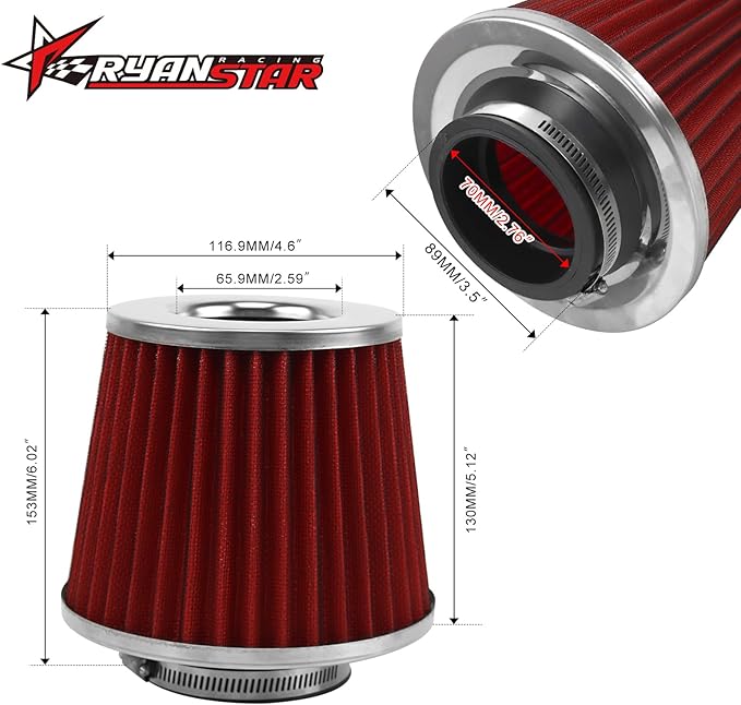 RYANSTAR RACING 70mm 2.75" High Flow Round Tapered Cone Cool Air Filter Cleaner - Image 2