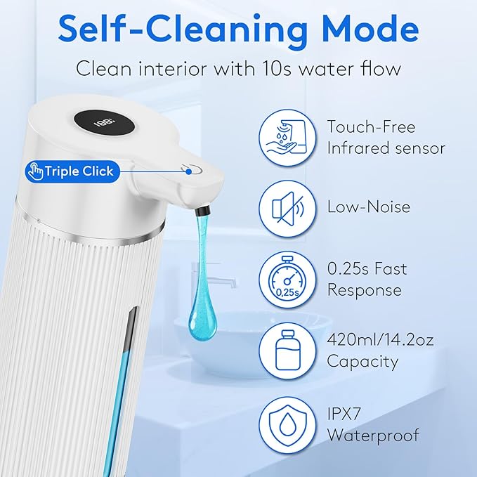 2025 Upgrade Automatic Soap Dispenser Touchless, 14.2oz/420ml Dish Hand Soap Dispenser for Bathroom and Kitchen, 4 Adjustable Volume, USB Rechargeable, Clog-Free, Large Capacity, White