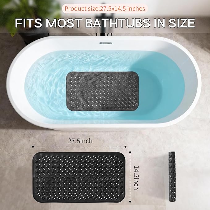 Anti-Slip Bathtub Shower mat, 27.5×14.5（Approximately 70×37cm） inch Soft Oversized Machine Washable Non-Slip Bathtub mat with Drainage Holes, Bathroom Floor Suction Cup.（1-Opaque Black）
