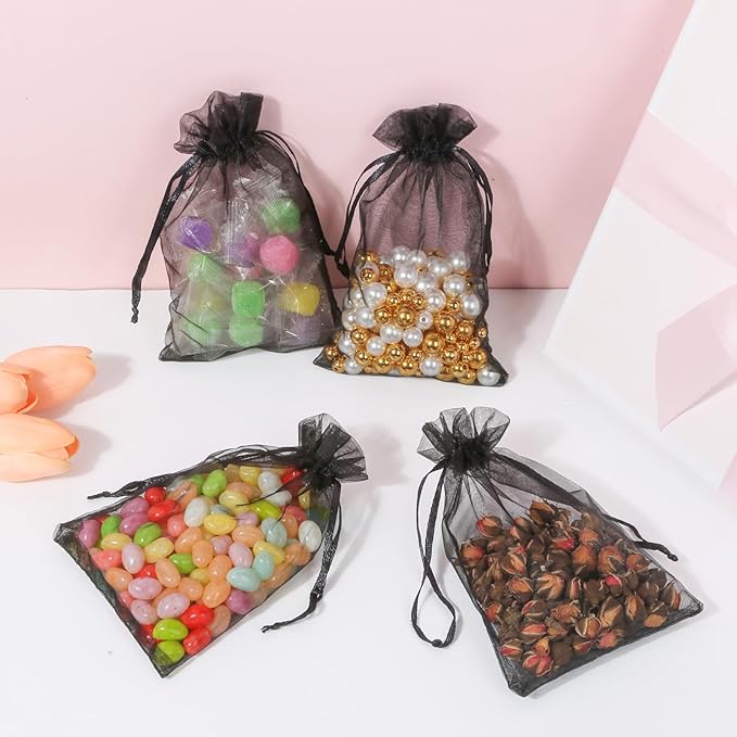 Hopttreely 100pcs Organza Bags, Black 4''x4.72''(10x12cm) Satin Drawstring Organza Pouch Wedding Party Favor Gift Bag Jewelry Watch Bags